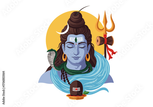 A digital illustration of the Hindu god Shiva complete with his trident cobra and lingam set against a yellow halo