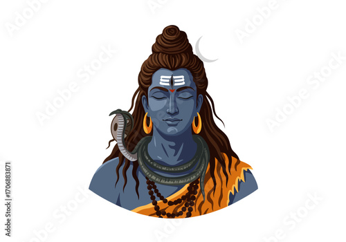 A graphic stylized illustration depicts the Hindu deity Shiva with blue skin a crescent moon on his head and a cobra draped around his neck