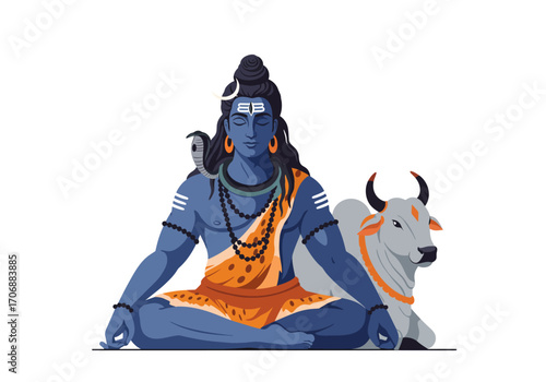 A seated blue deity with a crescent moon headdress beads snake and a white bull beside him