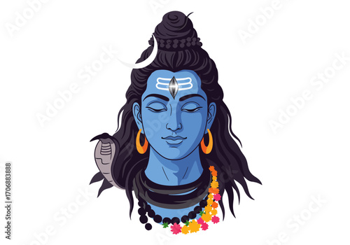 A serene blueskinned Hindu deitys headshoulders portrait adorned with ornaments and a snake