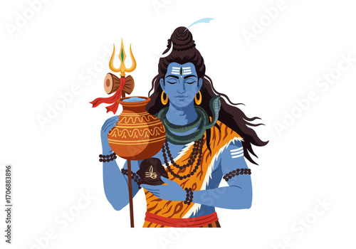 A stylized blueskinned deity holds a pot and trident