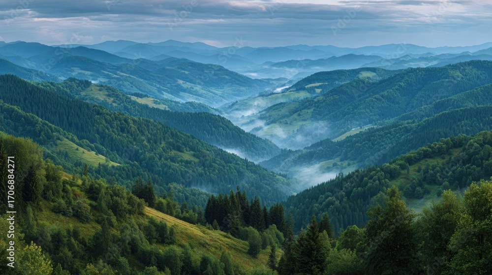 Fototapeta premium A Lush Summer Morning Among Rolling Mountain Hills