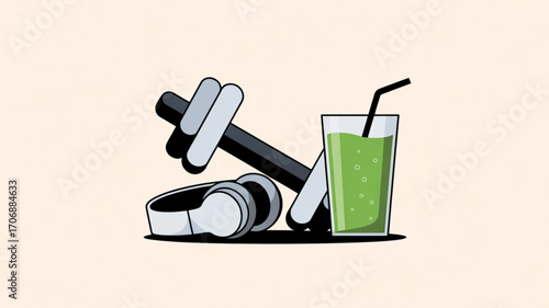 Fitness and health illustration with dumbbell, headphones, and smoothie, promoting exercise, music, and nutrition for a healthy lifestyle