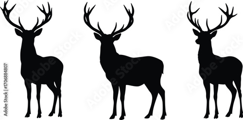 Deer silhouette vector illustration, wild animal stag icon, antler design, woodland wildlife clipart, hunting theme artwork, forest animal art