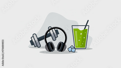 A cartoon illustration of a dumbbell, headphones, and a green smoothie, representing fitness, health, and a healthy lifestyle