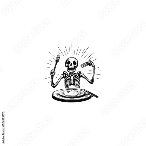 Humorous and creepy monochrome illustration of a grinning human skeleton holding a fork and knife, seated behind an empty dinner plate.