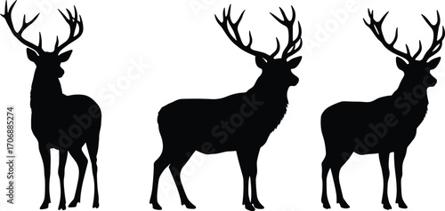 Deer silhouette, stag vector, forest animal clipart, antler outline, wildlife icon, hunting theme art, majestic nature illustration