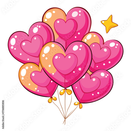 Cute heart shaped balloons in pink and orange float cheerfully with a golden star against transparency