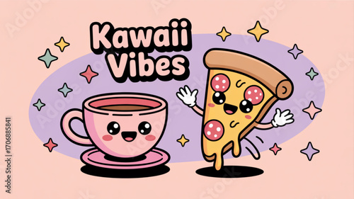 A delightful kawaii vibes illustration featuring a cute coffee cup, a cheerful pizza slice, and sparkling stars against a soft pastel background