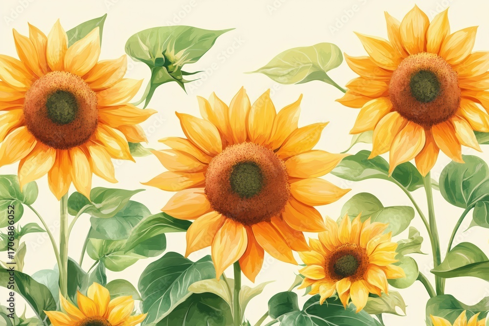 Obraz premium Vibrant sunflower arrangement with bright yellow petals and lush green leaves in soft cream background ideal for nature themed projects