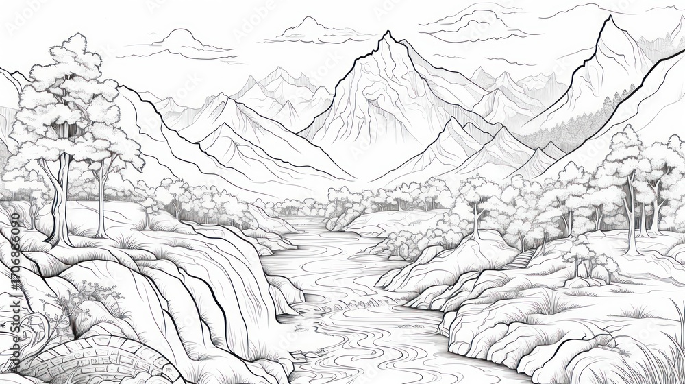 Fototapeta premium Mountain river valley illustration