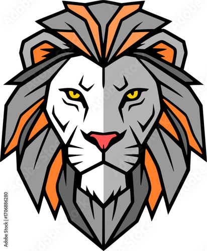 Geometric lion head illustration, with sharp lines and bold colors.