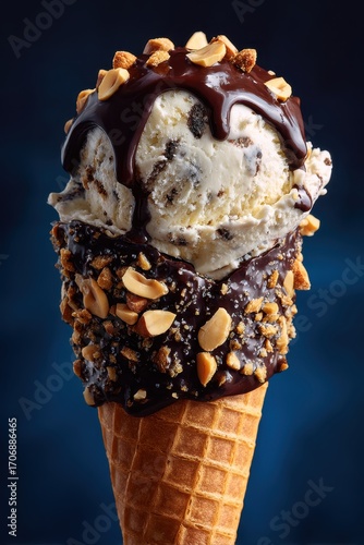 Delicious Ice Cream Cone with Chocolate and Nuts.