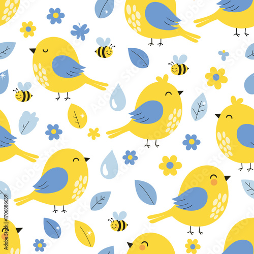 Charming little birds and bees fluttering among spring flowers and leaves a delightful seamless pattern