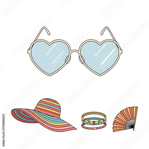 Chic summer accessories for a fashionable beach vacation look featuring heart shaped sunglasses and a wide brimmed hat