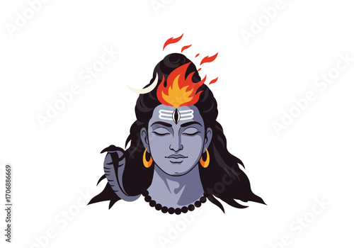 Hindu god Shiva has grey skin black hair fire above and a serpent around his neck He is meditating
