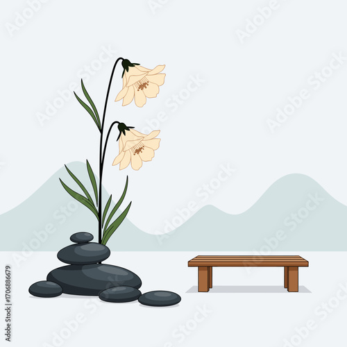 Serene zen garden arrangement with delicate blossoms and smooth stones creating peaceful harmony