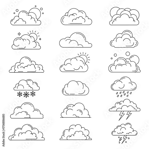 Collection of stylized weather icons representing various atmospheric conditions and celestial elements