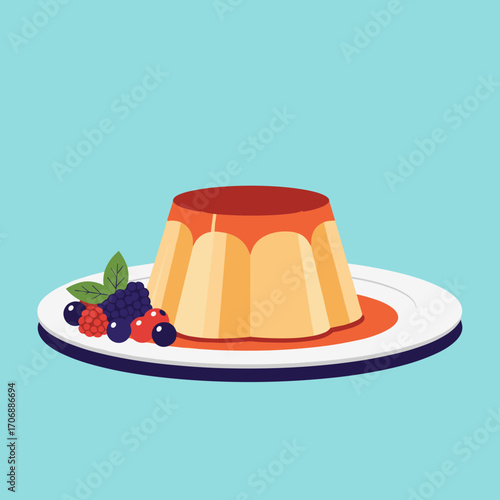 Delicious creamy caramel custard dessert topped with fresh mixed berries and a mint leaf