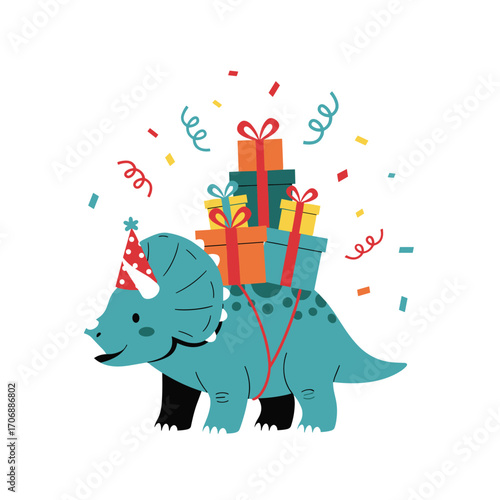Adorable triceratops dinosaur carrying stack of gifts on its back for a fun birthday celebration