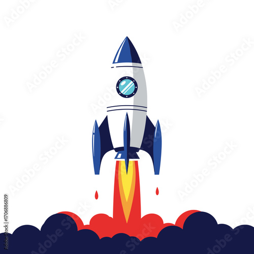 A powerful rocket launching upwards with flames and smoke billowing from its engines blasting into the bright clear sky