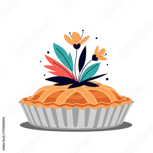 Delicious golden brown pie topped with decorative colorful flowers and leaves a sweet dessert creation