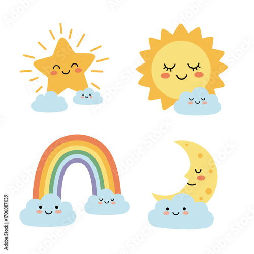 Cute celestial bodies and rainbow with smiling clouds adorable weather elements for kids and nursery decor