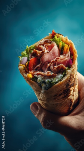 Delicious Shawarma Wrap Held in Hand Against a Blue Background.