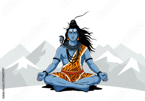 Illustration of Shiva seated in lotus position wears tiger skin snake  mala against a mountain backdrop