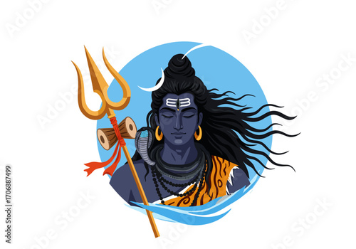 Illustration of Shiva with trident tiger garment and crescent moon on his head