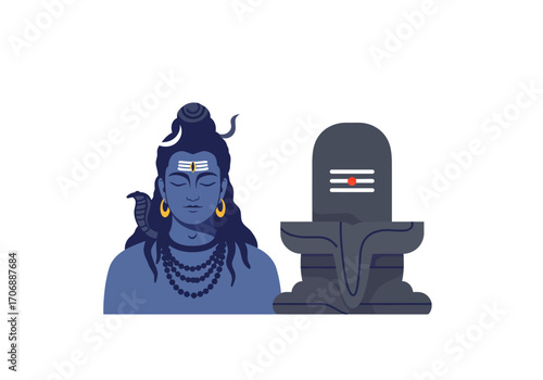Image shows Hindu deity Shiva next to a Shiva Lingam