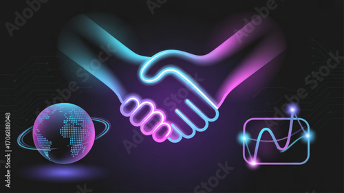 A neon handshake with a globe and a graph, symbolizing global business partnerships and growth in a futuristic and technologically advanced world