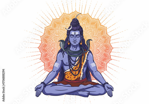 Shiva in lotus pose adorned with serpents necklaces  a crescent moon against a mandala