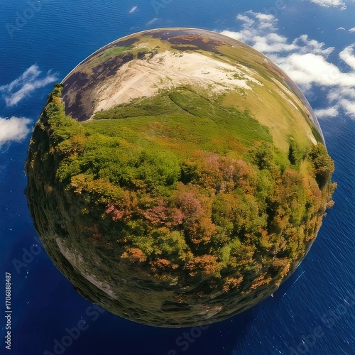 Spherical aerial view of a landscape, showing landmasses, vegetation, and water