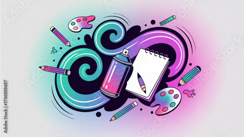 Dynamic art composition with swirl, spray can, sketchbook, pencils, and palette, showcasing creativity, artistic tools, and vibrant design elements