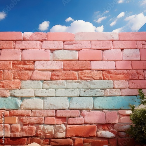 Vibrant pink, peach, and light blue brick wall against a bright blue sky with puffy white clouds