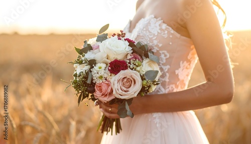 Bride holding a floral bouquet in a field