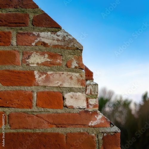 Close-up of a weathered brick wall corner against a clear blue sky