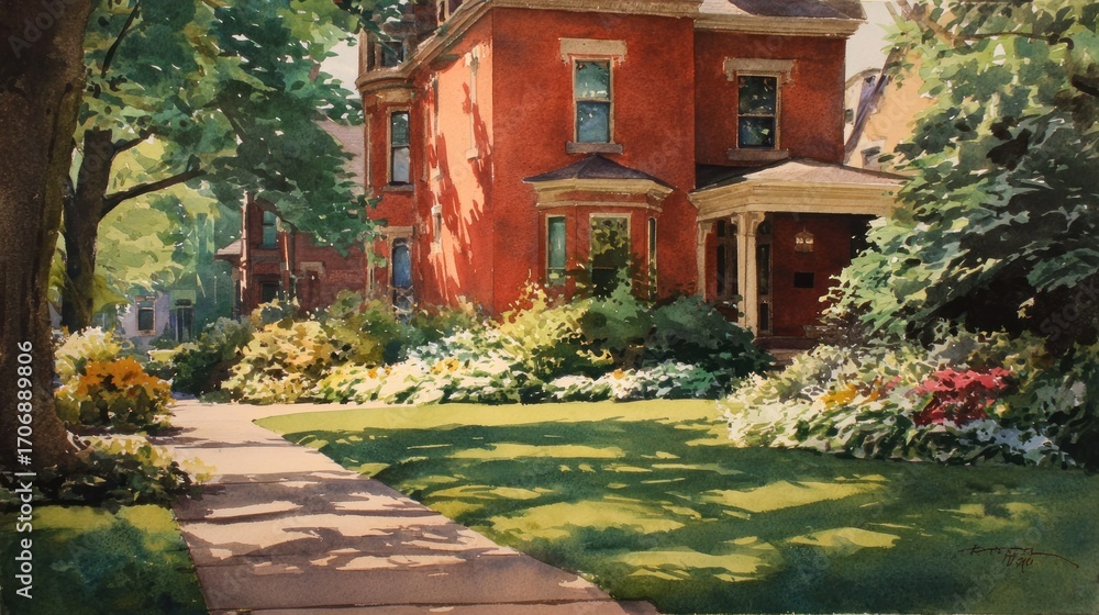 Fototapeta premium Sunny street scene with a vibrant red house