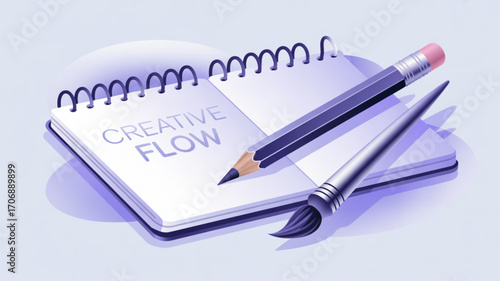 Illustration of a sketchbook with the words creative flow, a pencil, and a paintbrush, perfect for art projects