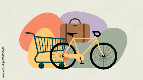 Travel and leisure illustration with bicycle, shopping cart, and suitcase colorful design for tourism, vacation, and transportation flat vector graphic style