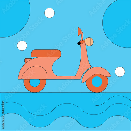 Cartoon Scooter on a Whimsical Journey Across the Watery Sky with Floating Bubbles of Delight and Ocean Wave Scenery
