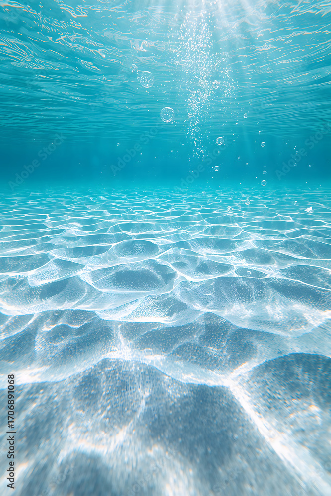 Fototapeta premium blue tropical ocean underwater with soft beige sand illuminated by clear sunlight patterns from above nature seascape landscape wallpaper background