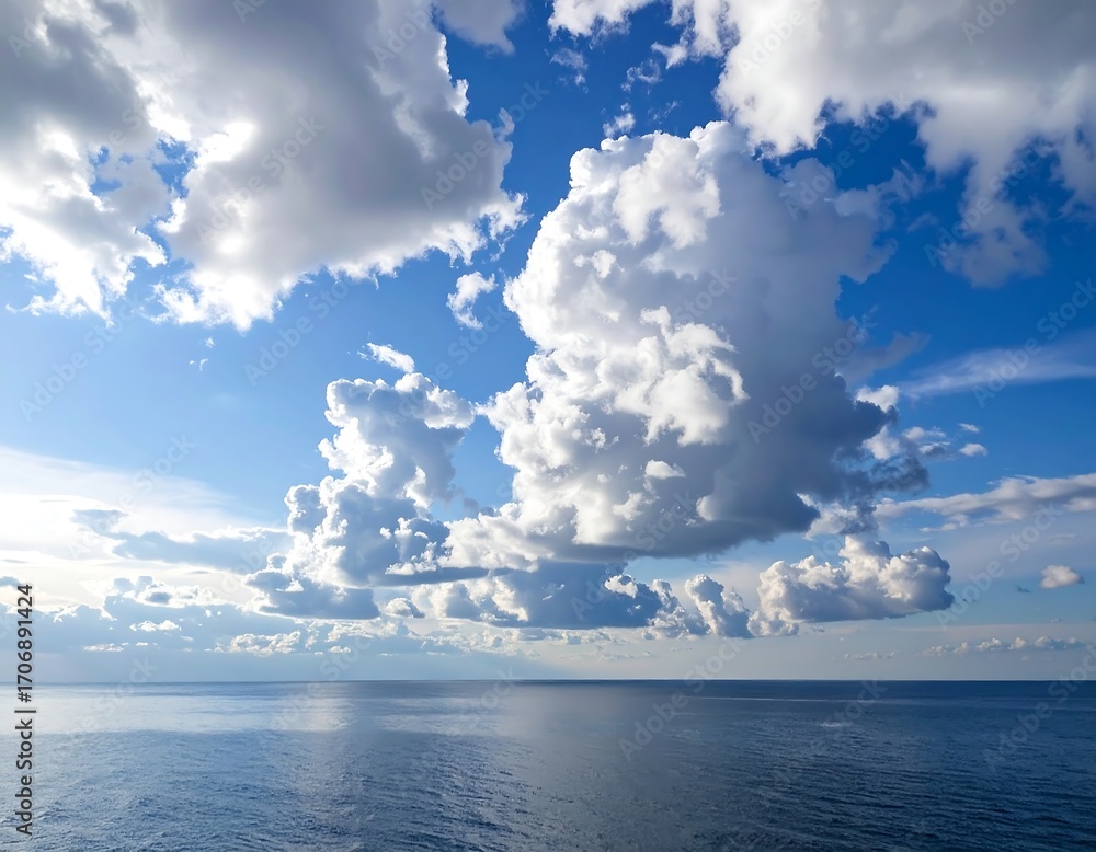 Naklejka premium Wide shot of a vast, serene ocean meeting a vibrant blue sky filled with fluffy white clouds