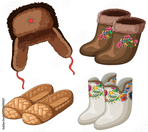 Traditional Russian Winter Clothing and Footwear Collection