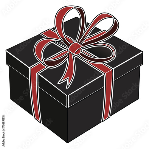 Black square gift box outlined in white has elegant red ribbon tied on top