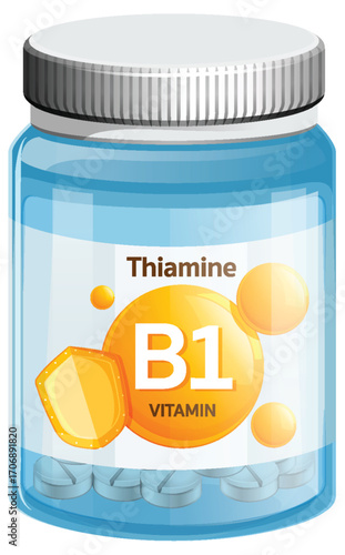 Vitamin B1 Thiamine Supplement Bottle Vector Illustration