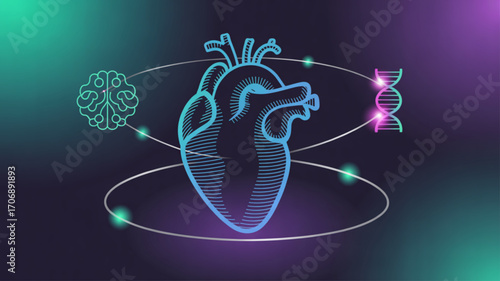 Medical illustration featuring a heart, brain, and dna strand, representing the interconnectedness of human biology and the advancements in healthcare technology