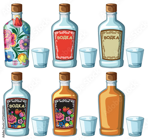 Six Decorative Vodka Bottles with Shot Glasses Vector Set