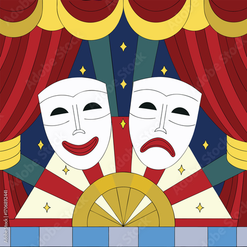 Dramatic Theater Masks on Stage with Curtains and Backlighting Illustration Theatrical Symbolism with Light and Shadow Play and Timeless Performance Art